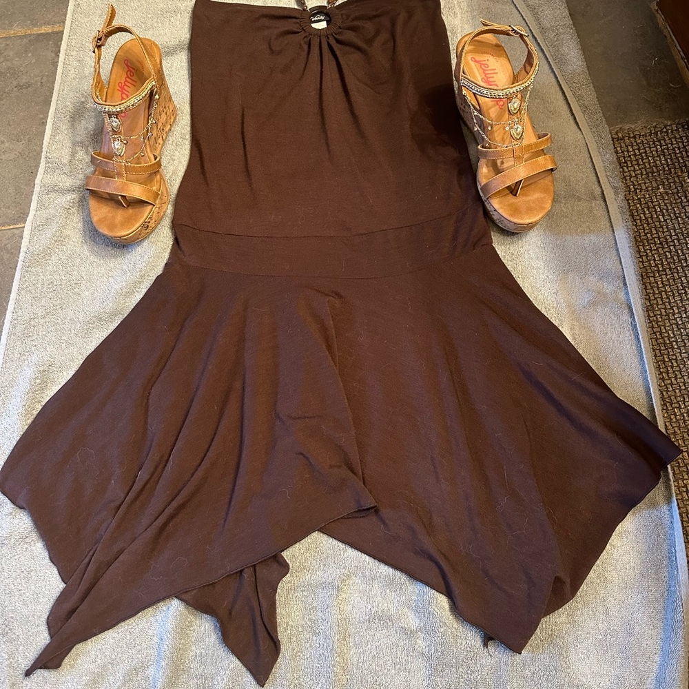 Vanity Brown Asymmetrical Midi Skirt Tie Front dress up or casual